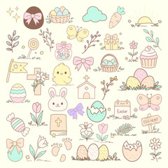 Minimal easter icon set, a clean modern icon pack including eggs, bunny heads, crosses, tulips, bows, chicks and spring symbols
