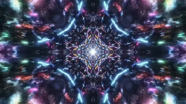 Colorful kaleidoscopic pattern with vibrant lights creating a mesmerizing visual effect