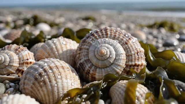Close-up of seashells and seaweed on a beach with water droplets and blue sky in the background