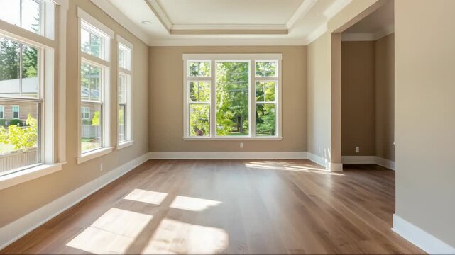 Bright living room interior in american suburban single family home, empty residential space with hardwood floor, large windows and natural light, real estate video