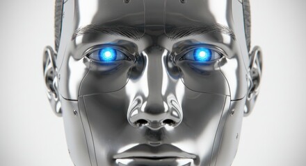 Futuristic chrome cyborg face with radiant blue eyes embodying technological innovation and