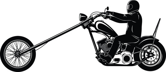 Silhouette of biker riding custom chopper motorcycle, vintage motorbike design, black and white vector illustration, helmet rider, road adventure concept © MdShahadot