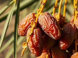 Ripe medjool dates on palm stem macro. Generative AI. 
