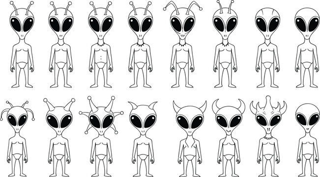 Cute Alien Character Line Art Collection with Funny UFO Creatures and Sci-Fi Style Vector.