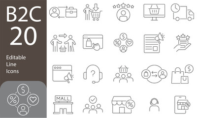 B2C Editable Line Icons Set. Business to consumer, e-commerce, customer service, retail, digital marketing, direct sales, Vector illustration