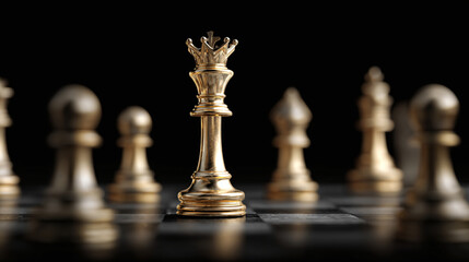 A close-up shot of a golden chess queen on a chessboard, surrounded by other chess pieces, suggesting strategy and competition