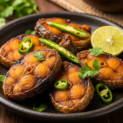 Grilled shrimp with chili slices and lemon on a plate