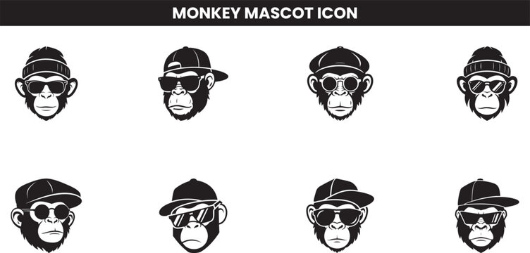 Collection of stylized monkey head icons wearing various hats and sunglasses