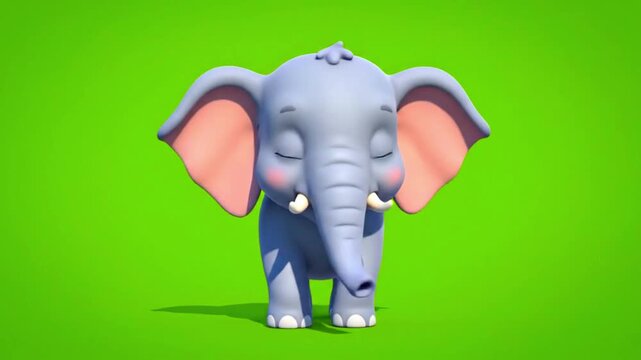 A tiny, adorable blue cartoon baby elephant with closed eyes is gently swaying its trunk on a green screen background.