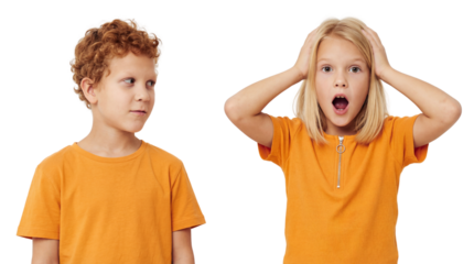 Blonde girl with hands on head beside boy looking sideways