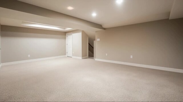 Spacious basement interior in american suburban single family home, finished empty room with neutral walls and recessed lighting, residential real estate video
