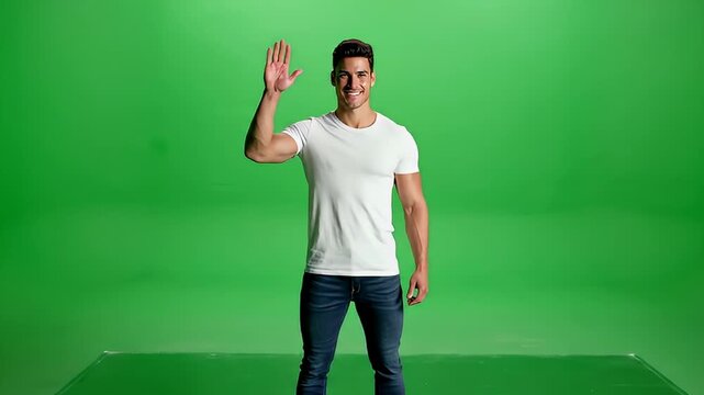 Man Greeting with Hand Wave in Green Screen Studio.