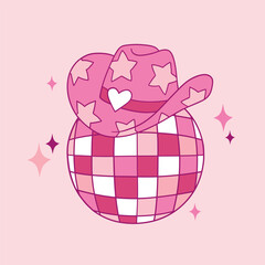 Hand drawn disco ball with pink cowboy hat. Vector illustration on isolated background. 