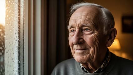 Close up portrait of a smiling elderly man with wrinkles looking out a window with raindrops on the glass during a warm sunset with soft light illuminating his face