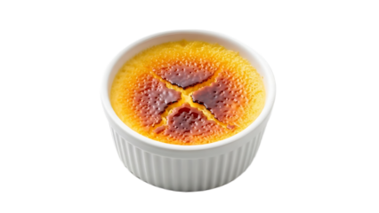 A delicious creme brulee dessert in a white ramekin on transparent background