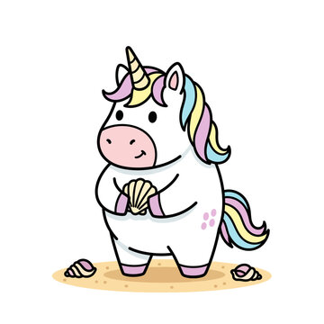 Cute cartoon unicorn holding a seashell on a sandy beach.