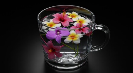 Floral serenity: A transparent mug brimming with vibrant blossoms and refreshing water reflects