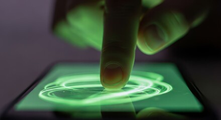Finger interacting with a glowing green interface on a modern touchscreen device