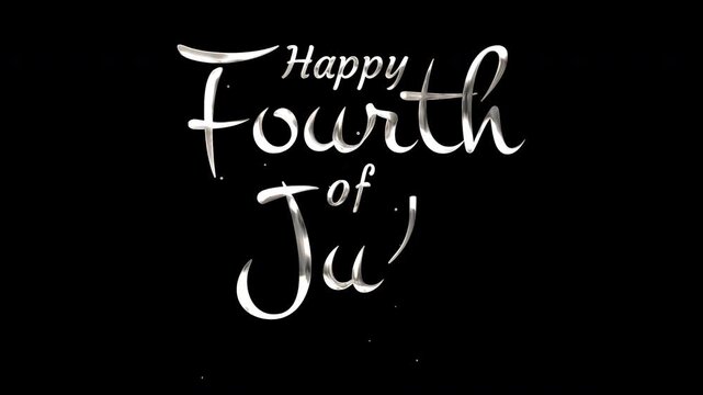 Happy fourth of july in stylized silver font suitable for patriotic greeting cards, social media posts, festive invitations, and holiday advertisements.