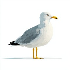 Fototapeta premium A Detailed Portrait Of A White Seagull With Gray Wings And Yellow Beak Standing On A Light Surface With A Shadow