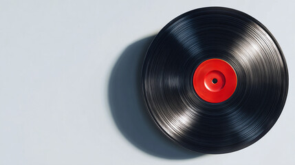 A vinyl record in black with a red label lies. The record casts a shadow. 