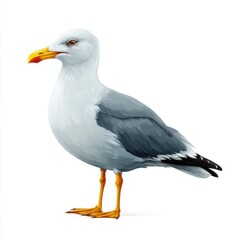 Obraz premium Seagull Bird Standing on White Background Isolated with Yellow Beak and Grey Feathers