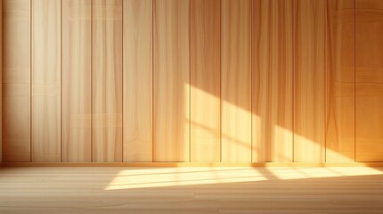 A modern room with wooden walls and floor illuminated by natural light