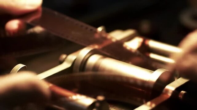 Close-up of hands working with vintage film editing equipment, splicing and handling film strips with precision.