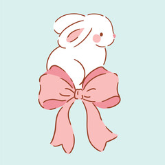 Cute white rabbit character with pink bow on isolated background. Hand drawn Easter bunny illustration. Perfect for logo, sticker or nursery print design. EPS10 vector file.