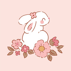 Cute white rabbit character with tiny flowers on isolated background. Hand drawn Easter bunny illustration. Perfect for logo, sticker or nursery print design. EPS10 vector file.