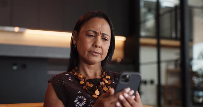 Confused, reading or woman with phone in home, check notification or phishing email for insurance scam. Worry, suspicious link or mature person with mobile, personal info or details request message