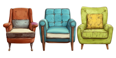 Collection of Three Colorful Armchairs Vintage Style on Transparent Backdrop