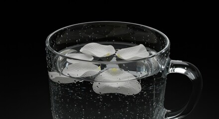 Serene water cup with floating white petals on dark background with water drops