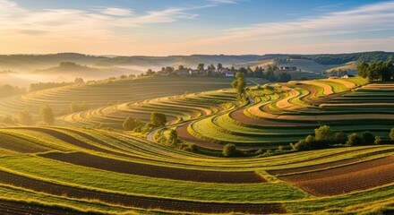 Serene sunrise over undulating cultivated fields creating a textured landscape offering a sense of
