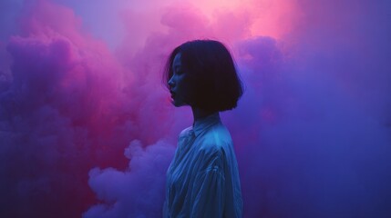 Young woman silhouette in vibrant neon smoke background at night