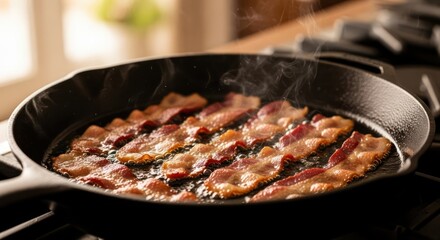 Sizzling strips of bacon frying in a cast iron pan on a gas stove with rising smoke filling the air