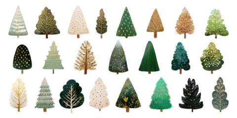 Collection of Decorative Christmas Trees in Various Designs On Transparent Backdrop