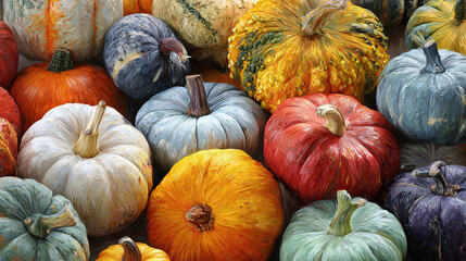 A vibrant array of colorful pumpkins arranged together, showcasing a variety of shapes and textures