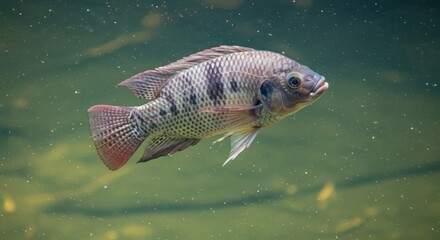Tilapia underwater shot, a close-up view reveals intricate patterns and textures of fish