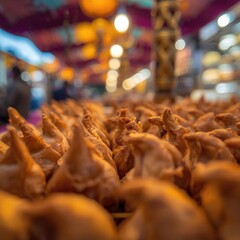 Delicious samosas on display at vibrant market stall
