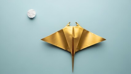 Gold Origami Stingray on Blue Background.