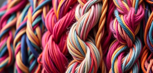 Vibrant yarn skeins, multicolored twisted strands, handmade, colorful threads