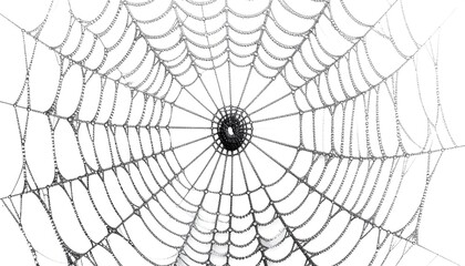 Obraz premium A delicate spiderweb, grey on white, close-up with a central hub
