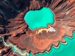 Aerial view of a volcanic crater filled with a vibrant turquoise lake, highlighting geological beauty and remote wilderness,  nature,  crater