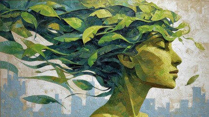 Serene Woman with Flowing Hair Made of Green Leaves and Nature