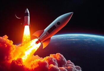 AI-powered rocket launching into space, fiery exhaust trail, night, propulsion