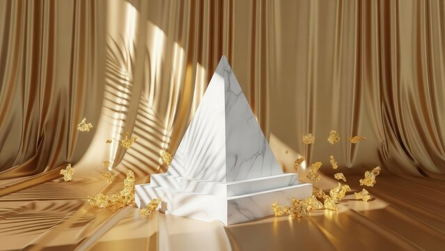 3d render of white marble pyramid podium in luxurious gold background