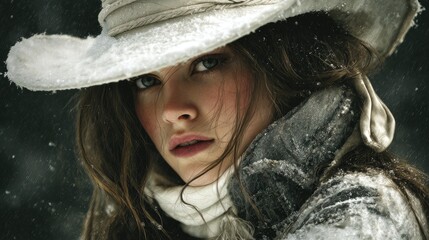 Woman in Snowy Landscape Wearing Hat and Scarf During Winter Weather