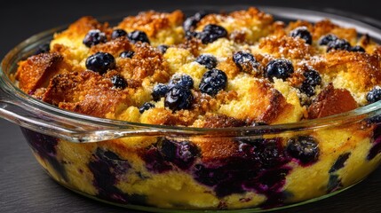 Blueberry Bread Pudding Dessert with Crusty Topping in Dish