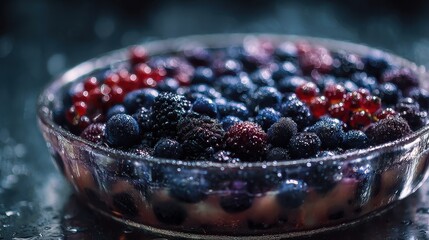 Fresh Mixed Berries in Glass Dish with Water Droplets on Surface